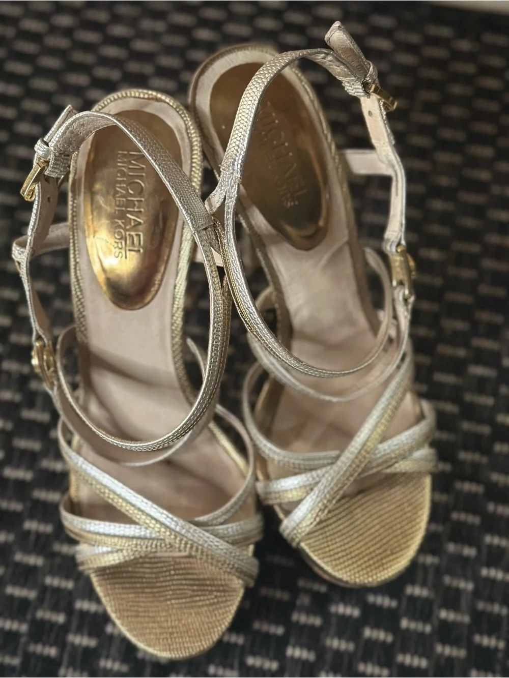Michael Kors “Cicely” Silver & Gold Leather Strappy Platform Stiletto Heels